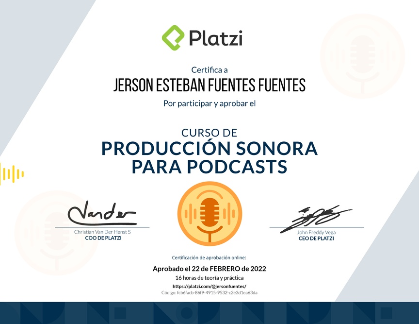 Diploma del Curso de Producción Sonora para Podcasts