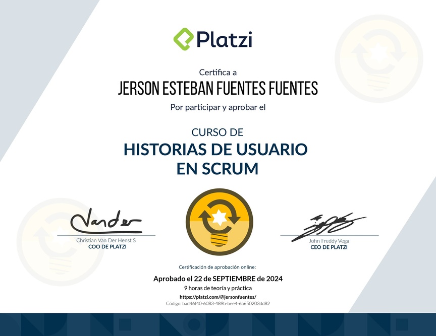 Diploma del Curso de Historias de Usuario en Scrum