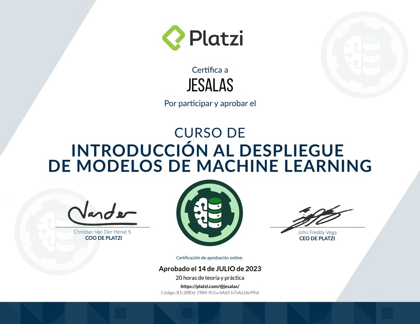 Diploma del Curso de Introducción al Despliegue de Modelos de Machine Learning