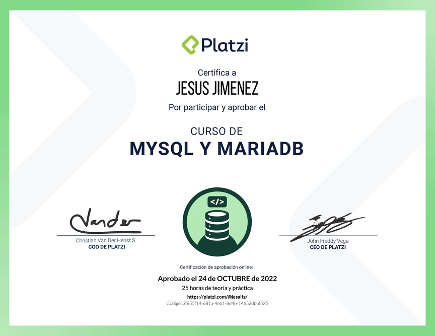 Diploma del Curso de Bases de Datos con MySQL y MariaDB