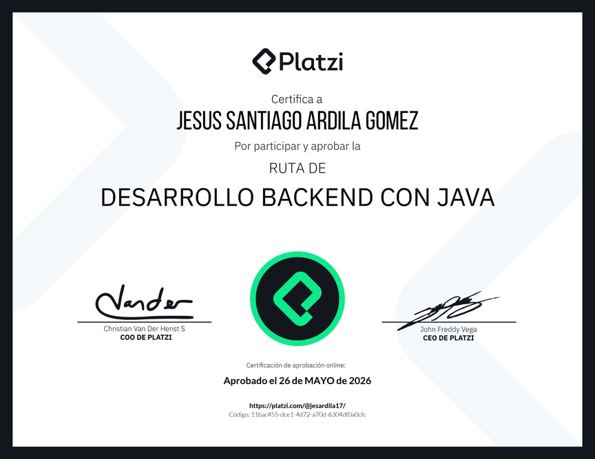 Diploma de la Ruta de Aprendizaje de Desarrollo Backend con Java
