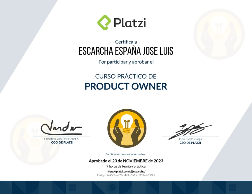 Diploma del Curso de Herramientas y Frameworks Intermedias para Product Owners