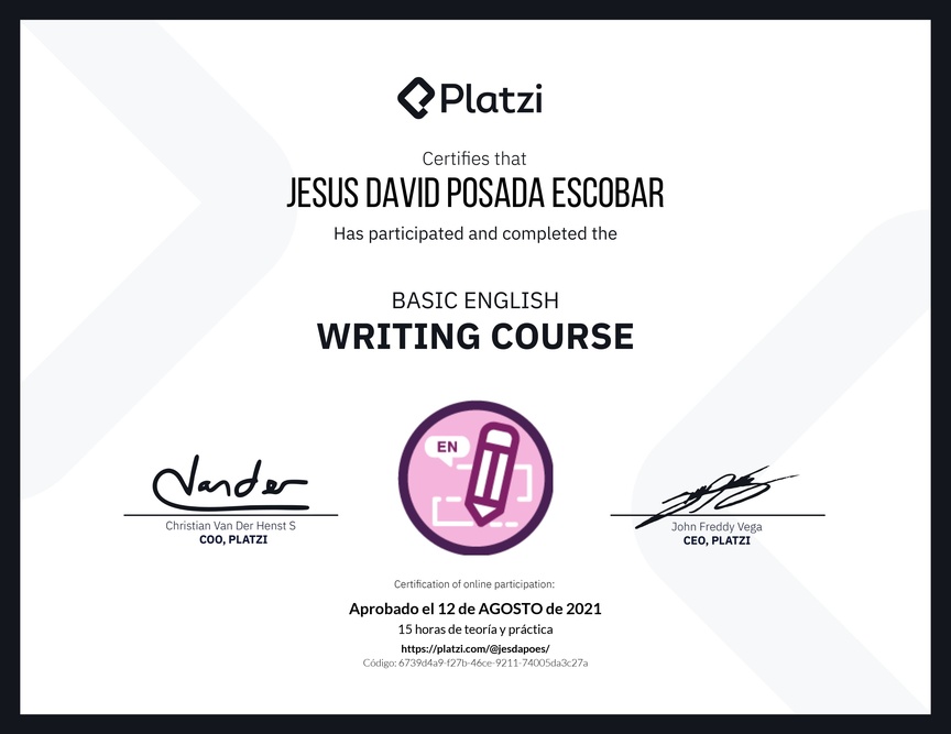 Diploma del Curso Básico de Escritura en Inglés