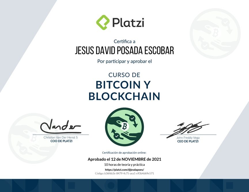 Diploma del Curso de Bitcoin y Blockchain