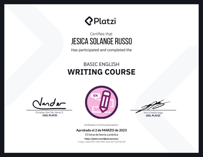 Diploma del Curso Básico de Escritura en Inglés