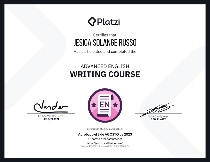 Diploma del Curso Avanzado de Escritura en Inglés