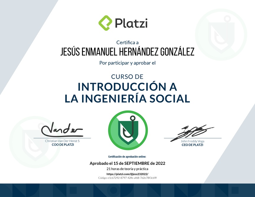 Diploma del Curso de Introducción a la Ingeniería Social: Técnicas, Ataques y Pretexting