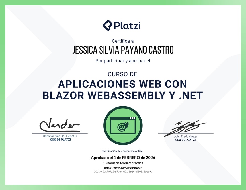 Diploma del Curso de Aplicaciones Web con Blazor WebAssembly y .NET