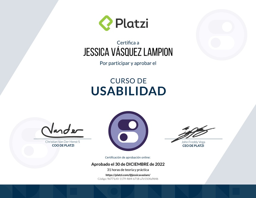 Diploma del Curso de Usabilidad: Principios, Pruebas y Herramientas Avanzadas