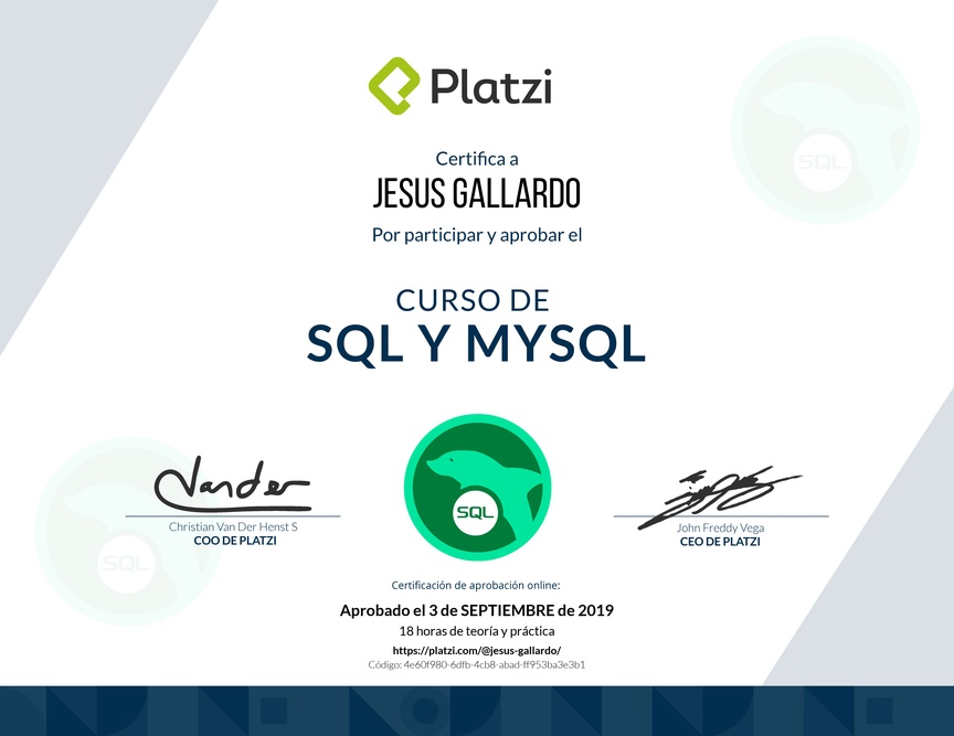 Diploma del Curso de SQL y MySQL 2018