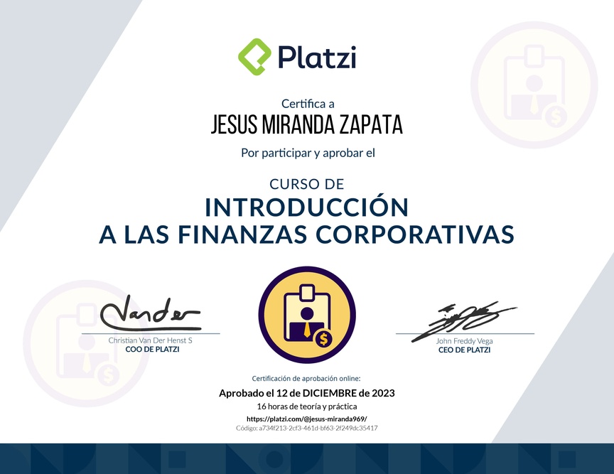 Diploma del Curso de Introducción a las Finanzas Corporativas