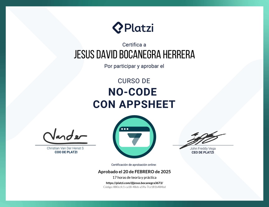 Diploma del Curso de No-Code con Appsheet