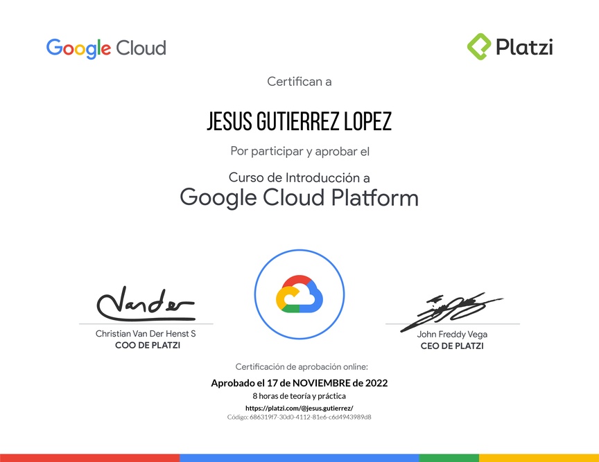 Diploma del Curso de Introducción a Google Cloud Platform