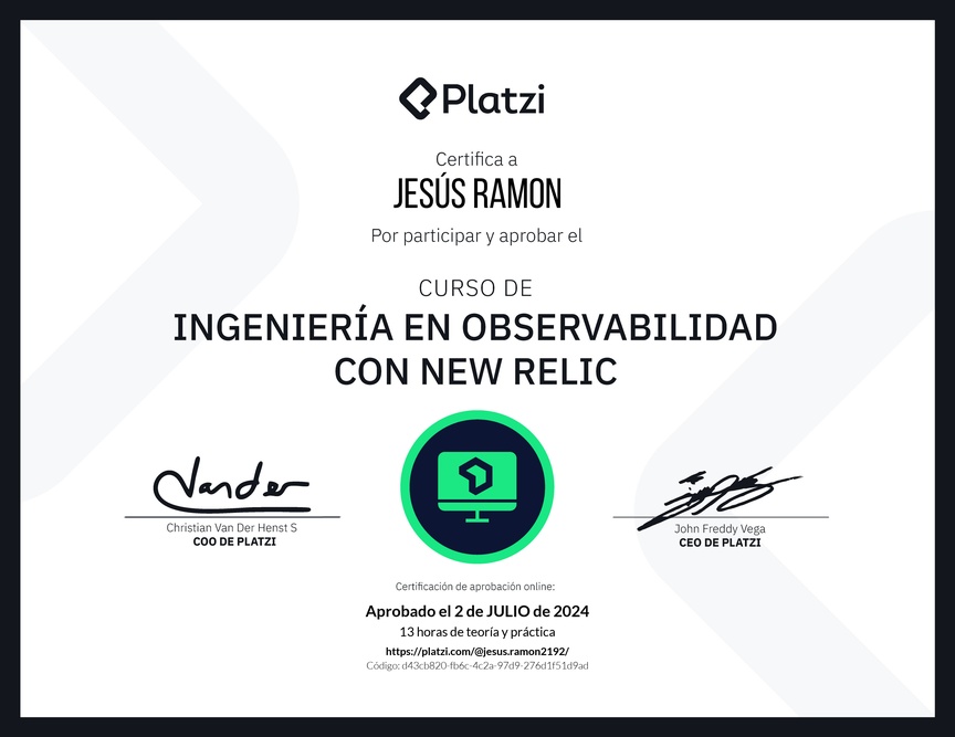 Diploma del Curso de Ingeniería en Observabilidad con New Relic