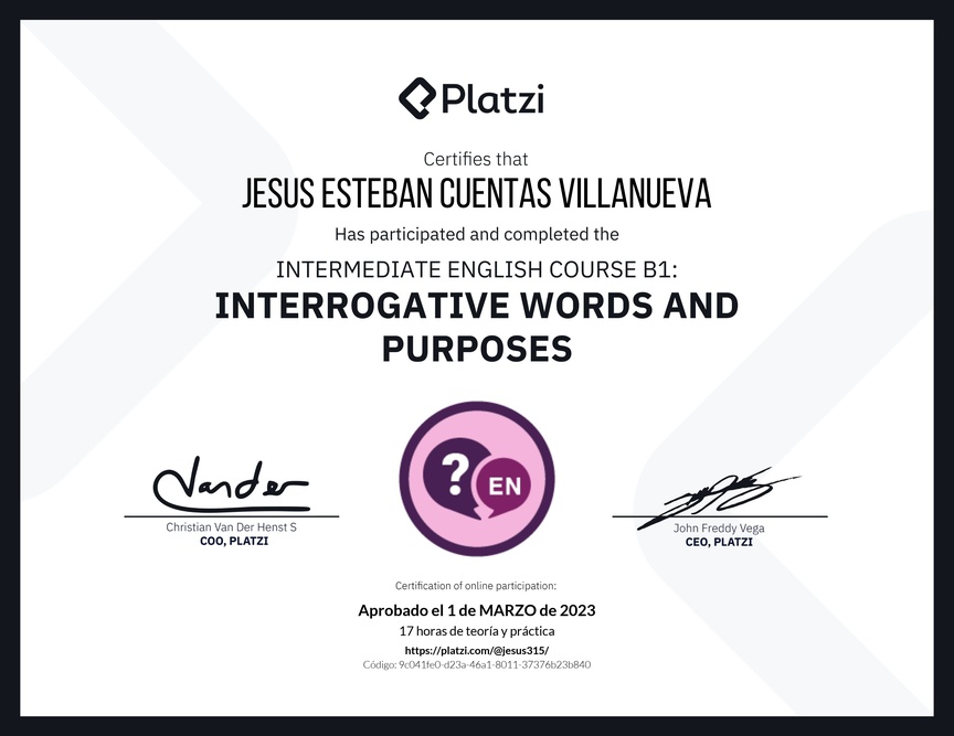 Diploma del Curso de Inglés Intermedio: Palabras Interrogativas y Propósitos (2021)