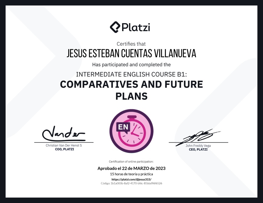 Diploma del Curso de Inglés Intermedio B1: Comparativos y Planes Futuros