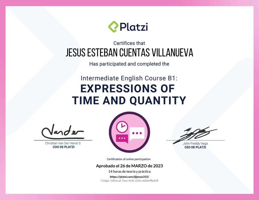 Diploma del Curso de Inglés Intermedio B1: Expresiones de Tiempo y Cantidad