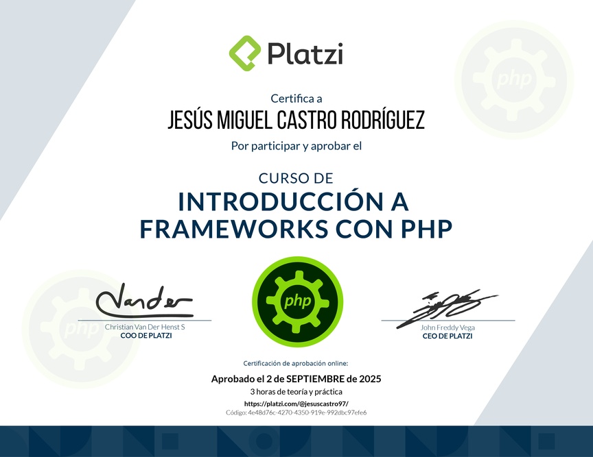 Diploma del Curso de Introducción a Frameworks de PHP