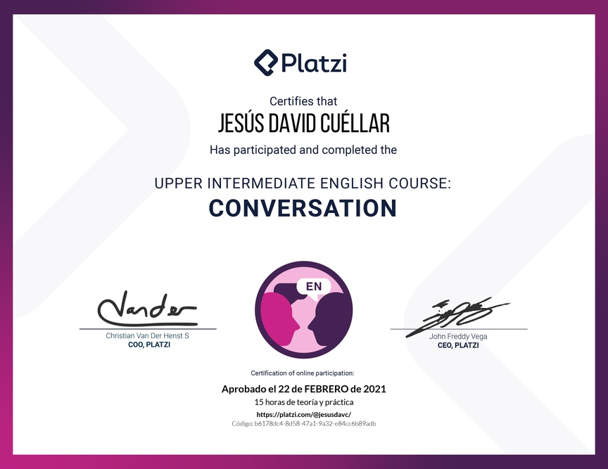 Diploma del Curso de Inglés Intermedio Alto: Conversación 2020
