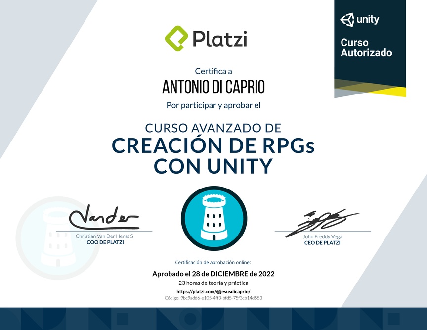 Diploma del Curso Avanzado de Creación de RPGs con Unity