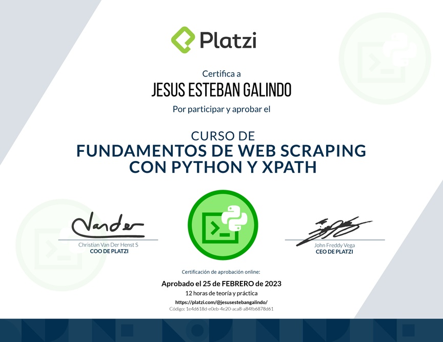 Diploma del Curso de Fundamentos de Web Scraping con Python y Xpath