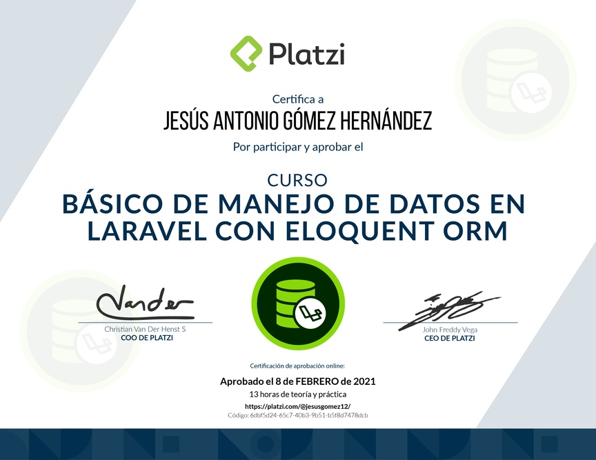 Diploma del Curso Básico de Manejo de Datos en Laravel con Eloquent ORM