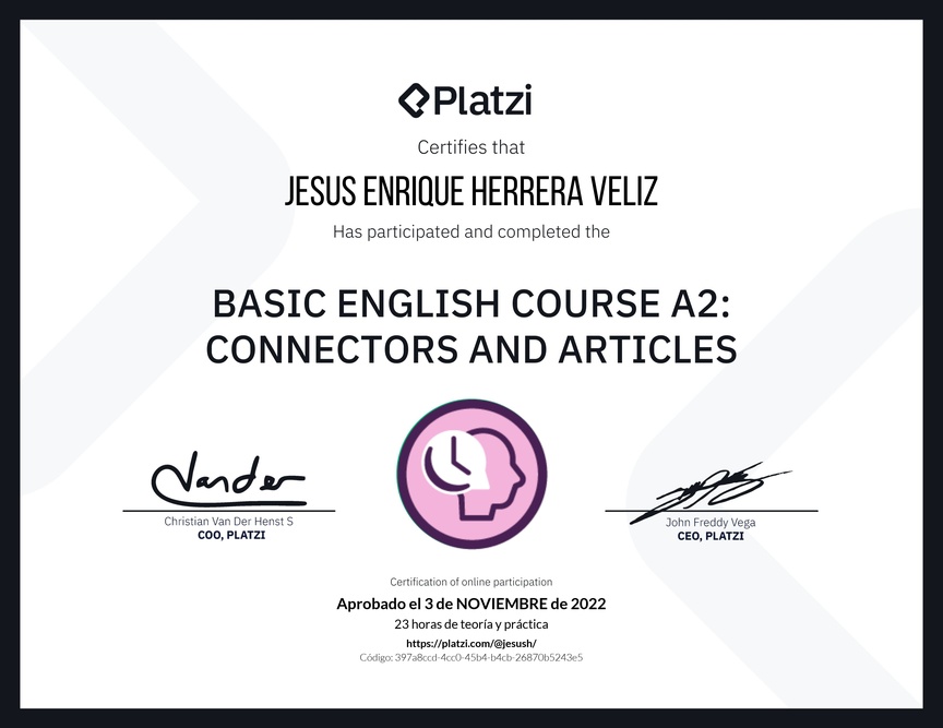 Diploma del Curso de Inglés Básico A2: Conectores y Artículos