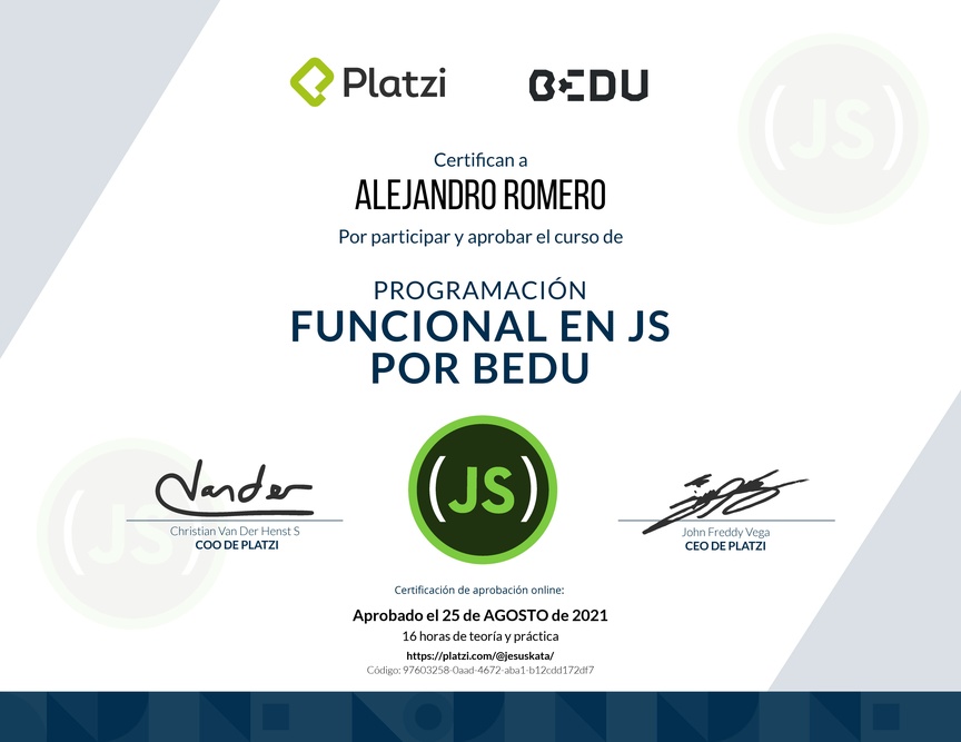 Diploma del Curso de Programación Funcional en JavaScript por Bedu