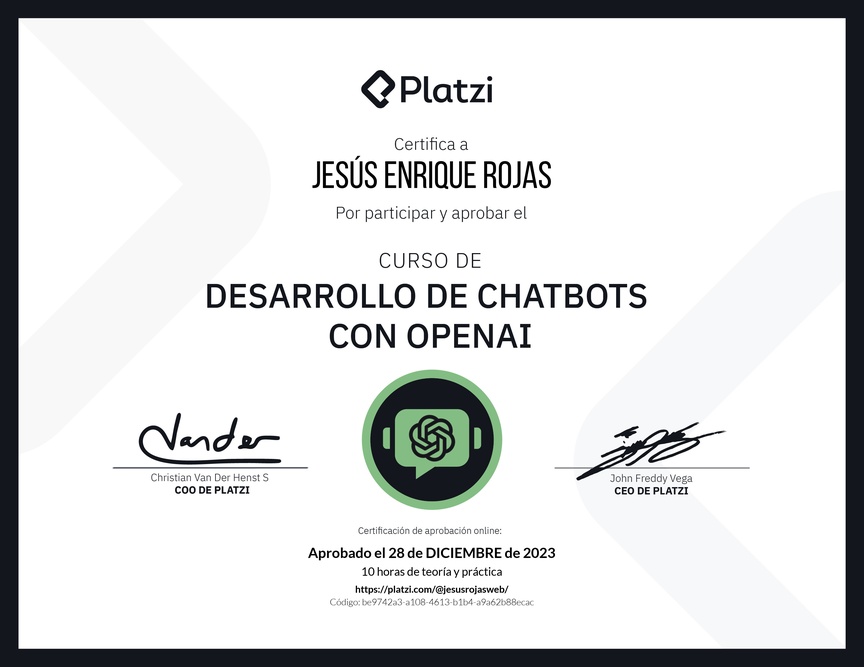 Diploma del Curso de Desarrollo de Chatbots con OpenAI