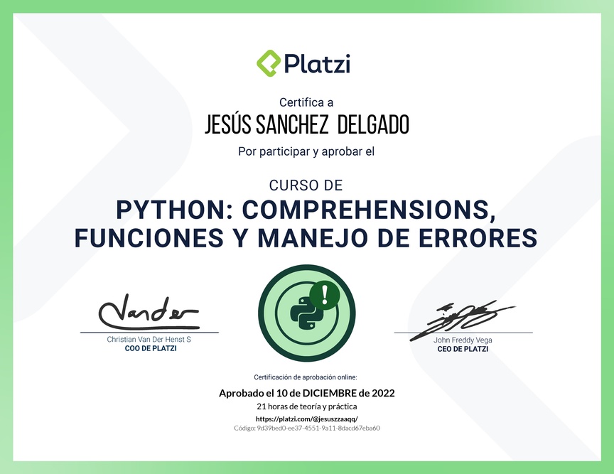Diploma del Curso de Python: Comprehensions, Funciones y Manejo de Errores
