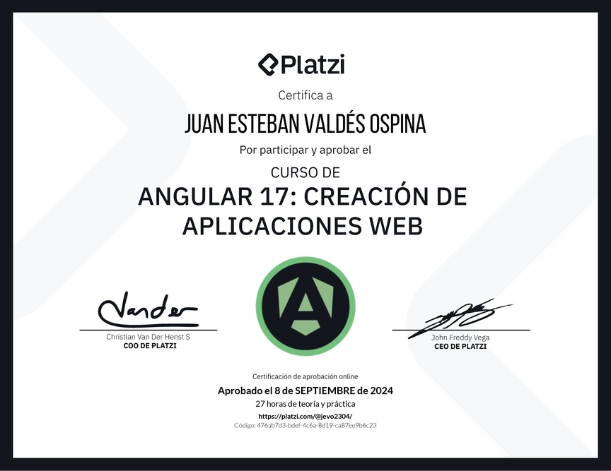Diploma del Curso de Angular: Creación de Aplicaciones Web