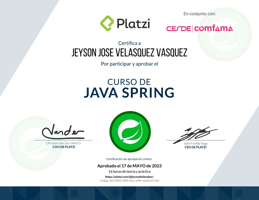 Diploma del Curso de Java Spring