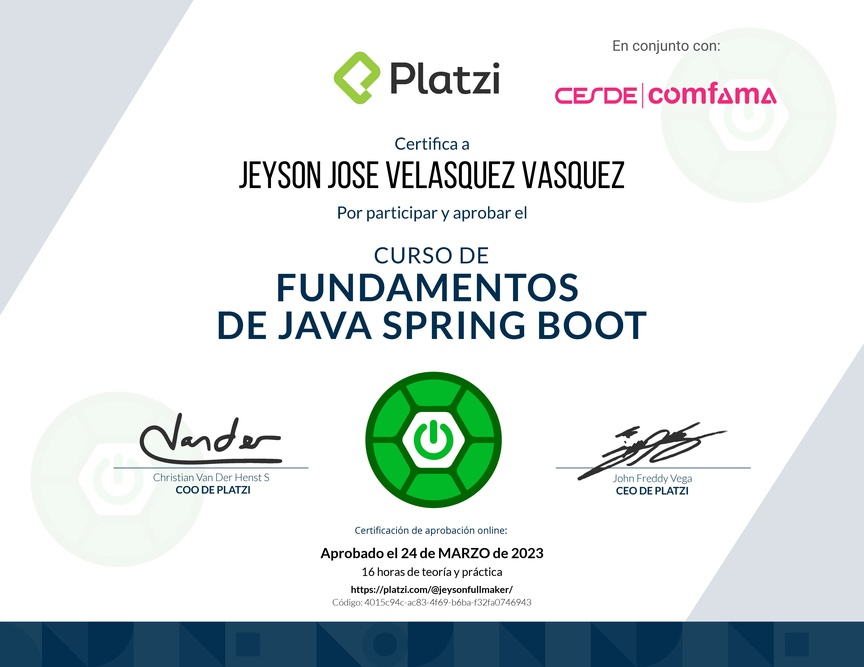 Diploma del Curso de Java: Backend con Spring Boot