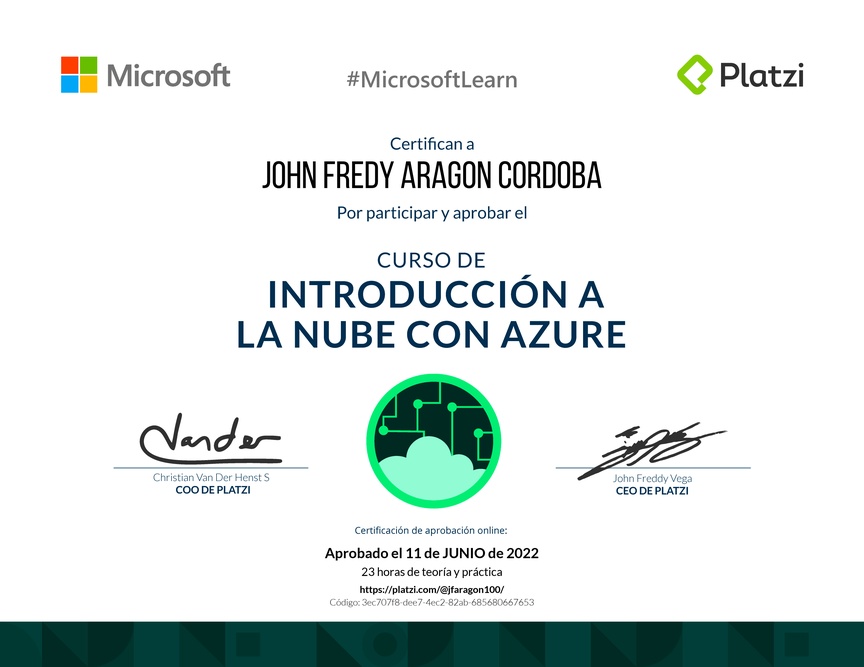 Diploma del Curso de Introducción a la Nube con Azure