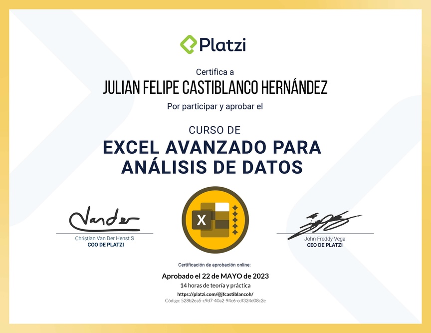 Diploma del Curso de Excel Avanzado para Análisis de Datos