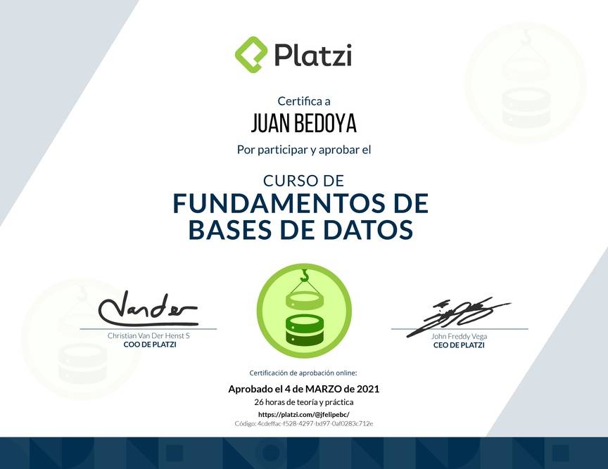 Diploma del Curso de Fundamentos de Bases de Datos 2019