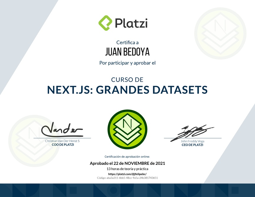 Diploma del Curso de Next.js: Optimización y Manejo de Grandes Datasets