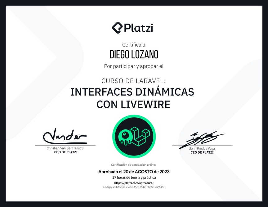 Diploma del Curso de Interfaces Dinámicas con Laravel Livewire