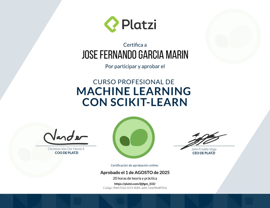 Diploma del Curso Profesional de Machine Learning con scikit-learn