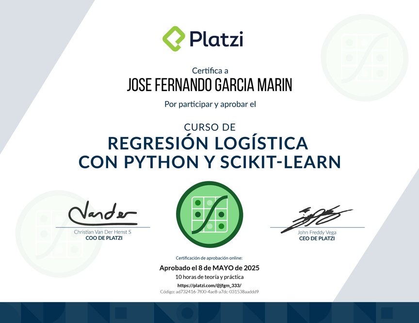 Diploma del Curso de Regresión Logística con Python y scikit-learn