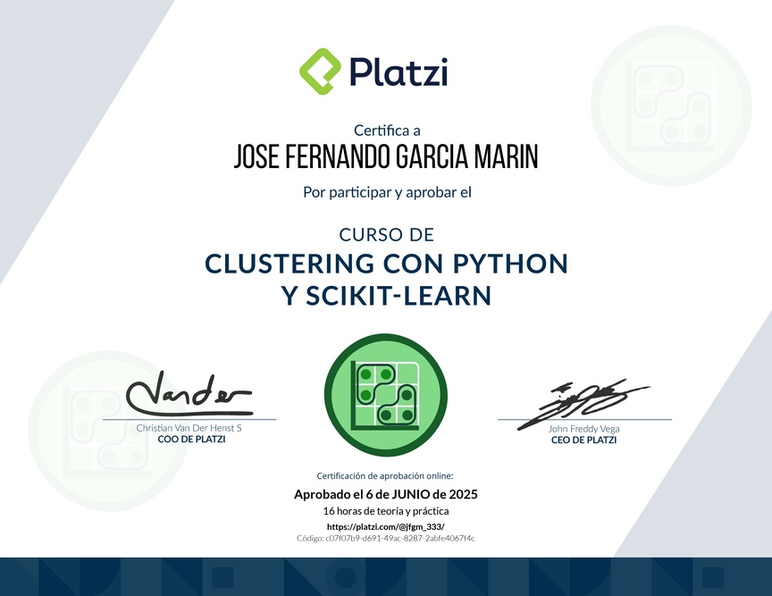 Diploma del Curso de Clustering con Python y scikit-learn