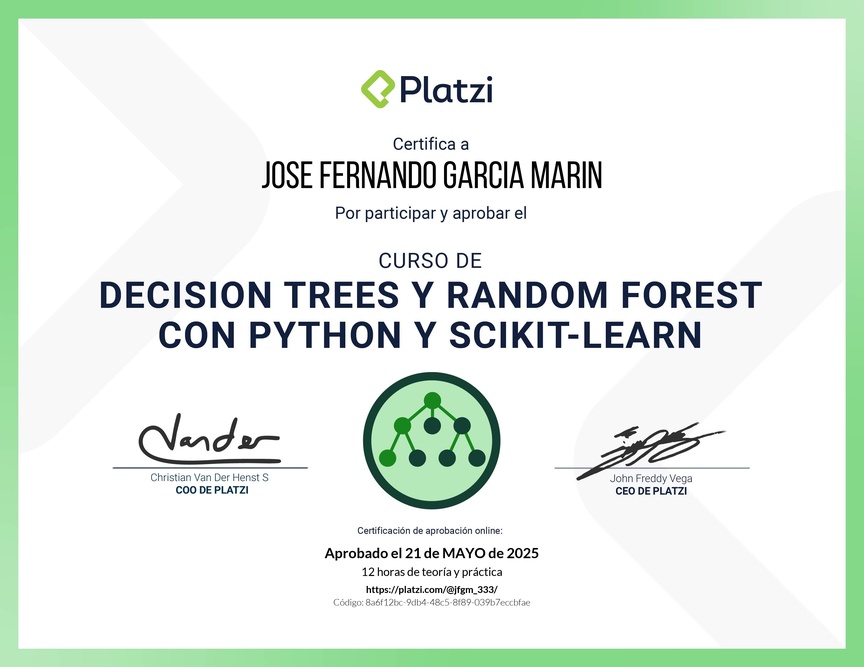 Diploma del Curso de Decision Trees y Random Forest con Python y scikit-learn