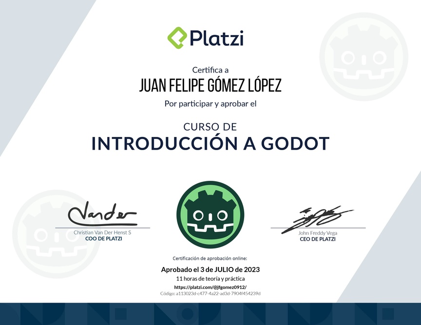 Diploma del Curso Introductorio de Desarrollo de Videojuegos con Godot