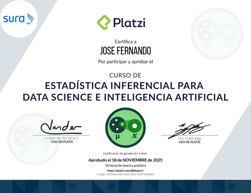 Diploma del Curso de Estadística Inferencial para Data Science e Inteligencia Artificial