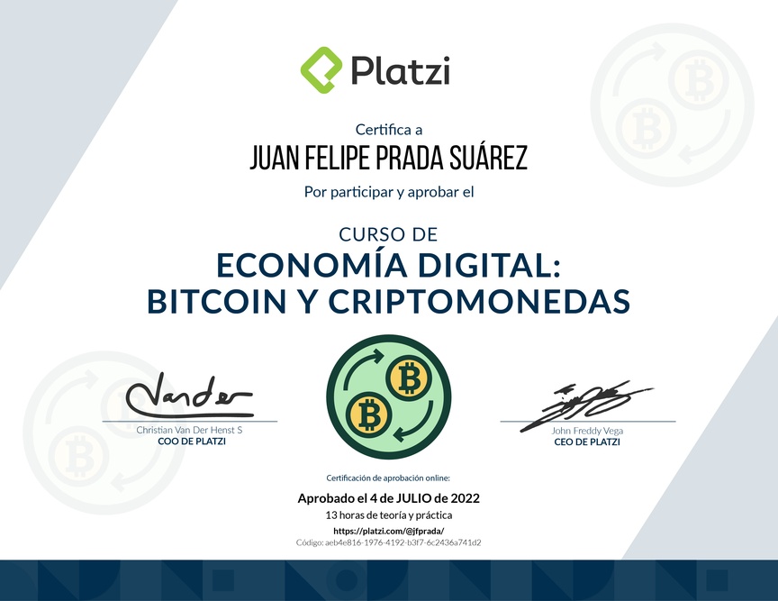 Diploma del Curso de Economía Digital: Bitcoin y Criptomonedas