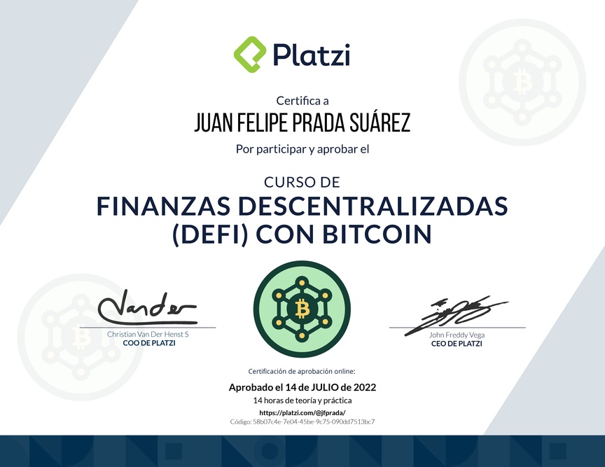 Diploma del Curso de Finanzas Descentralizadas con Bitcoin
