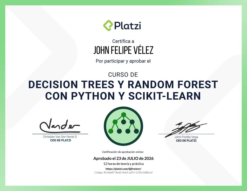 Diploma del Curso de Decision Trees y Random Forest con Python y scikit-learn