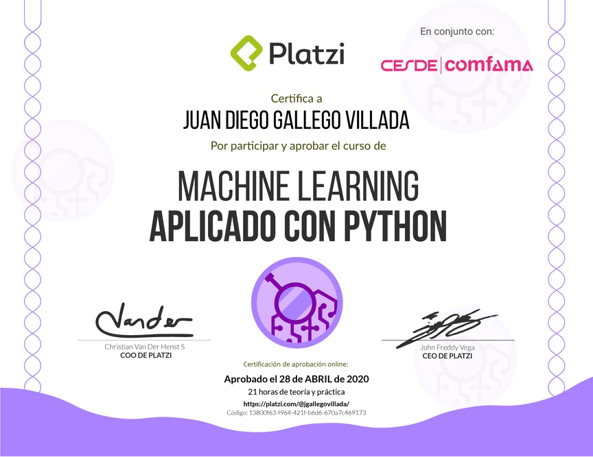 Diploma del Curso de Machine Learning Aplicado con Python