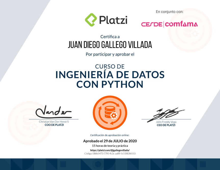 Diploma del Curso de Ingeniería de Datos con Python