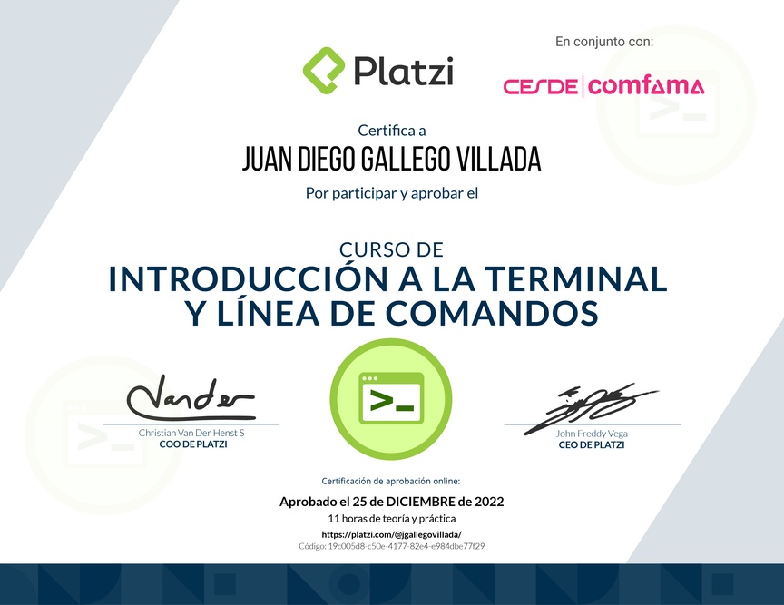 Diploma del Curso de Introducción a la Terminal y Línea de Comandos
